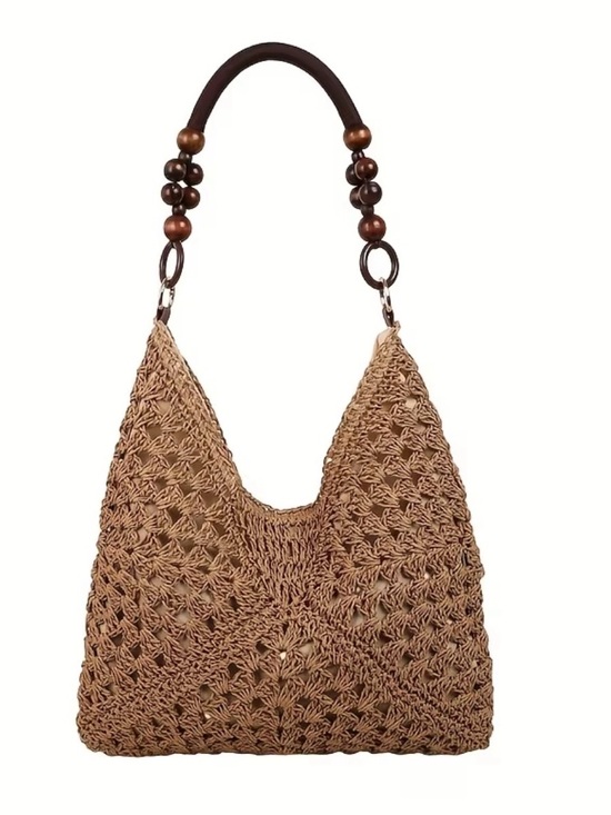 no brand Handbags - Handwoven Crochet Shoulder Bag with Beaded Handle - Brown
